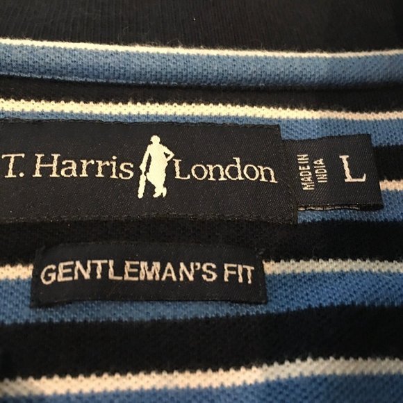 T HARRIS LONDON SHIRT MENS LARGE STRIPED BLUE GOLF POLO GENTLEMANS FIT - Picture 9 of 12